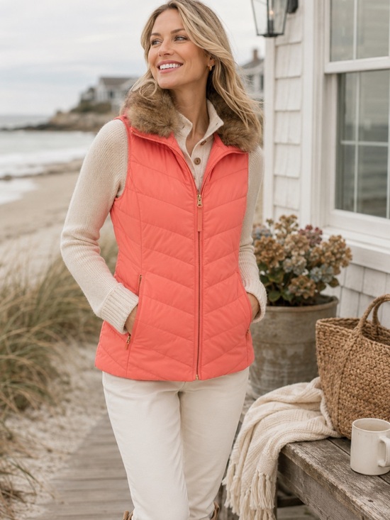 Talbots Jackets & Blazers - Talbots Faux Fur Collar Down Puffer Vest Quilted Preppy Coastal Grandma